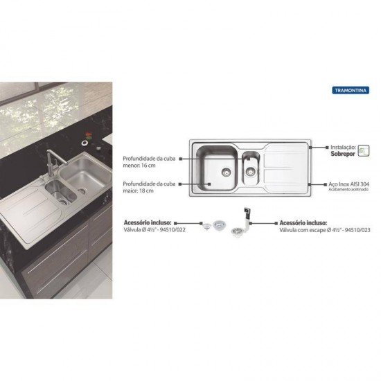CUBA SOBREPOR TRAMONTINA 1 CUBA E AUXILIAR EM ACO INOX ACETINADO 100X50CM ESCORREDOR E VALVULA MAREA