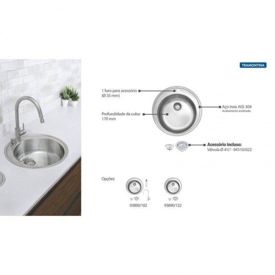 CUBA SOBREPOR INOX RED. 48CM COM VALVULA  38FX