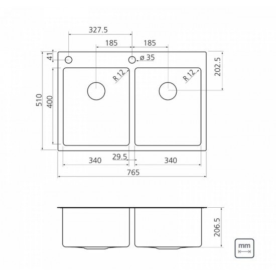CUBA SOBREPOR DESIGN COLLECTION QUADRUM FLUSH AÇO INOX ACAB SCOTCH BRITE 77X51 CM 2 CUBA TRAMONTINA