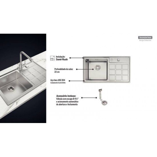 CUBA DE SOBREPOR DESIGN COLLECTION QUADRUM EM AÇO INOX ACABAMENTO SCOTCH BRITE 86X50 CM TRAMONTINA