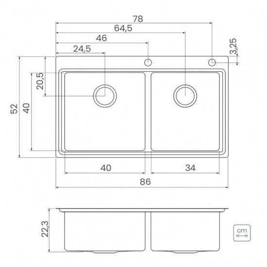 CUBA DE SOBREPOR DESIGN COLLECTION SMOOTH 2C 40 AÇO INOX ACAB SCOTCH BRITE 86X52CM 2 CUBA TRAMONTINA