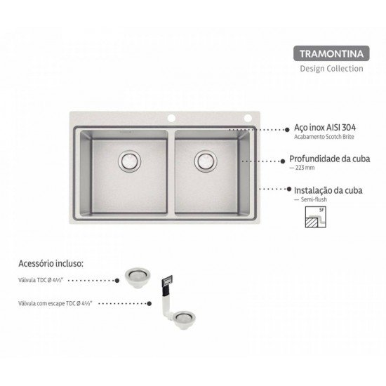CUBA DE SOBREPOR DESIGN COLLECTION SMOOTH 2C 40 AÇO INOX ACAB SCOTCH BRITE 86X52CM 2 CUBA TRAMONTINA