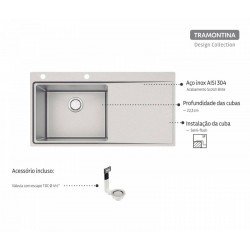 CUBA DE SOBREPOR DESIGN COLLECTION SMOOTH 1C 50 PLUS  AÇO INOX ACAB SCOTCH BRITE 100X52CM TRAMONTINA