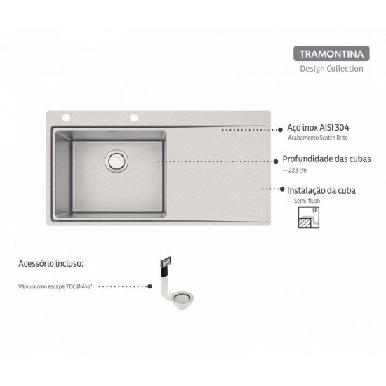 CUBA DE SOBREPOR DESIGN COLLECTION SMOOTH 1C 50 PLUS  AÇO INOX ACAB SCOTCH BRITE 100X52CM TRAMONTINA