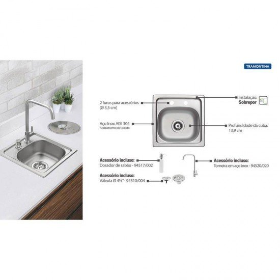 CUBA SOBREPOR TRAMONTINA ACO INOX PRE POLIDO 38X38CM VALVULA TORNEIRA DE BANCADA E DOSADOR DE SABAO