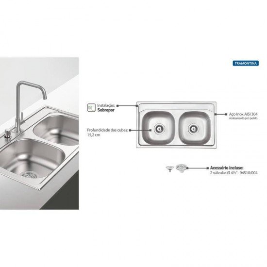 CUBA SOBREPOR TRAMONTINA 2 CUBAS EM ACO INOX PRE POLIDO 84X48CM COM VALVULA CALIFORNIA 2C 33 FX