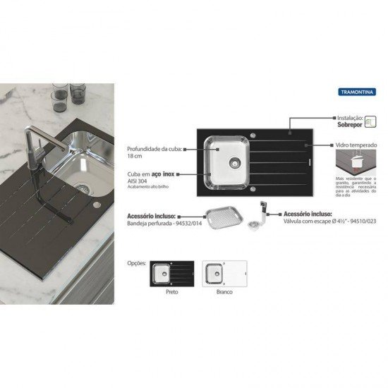 CUBA SOBREPOR TRAMONTINA ACO INOX COM TAMPO DE VIDRO PRETO 86X50 1C C/F