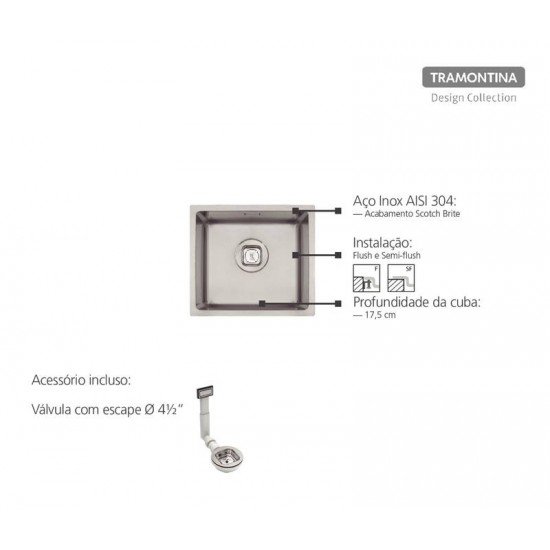CUBA DESIGN COLLECTION QUADRUM EM AÇO INOX COM ACABAMENTO SCOTCH BRITE 34X30 CM TRAMONTINA