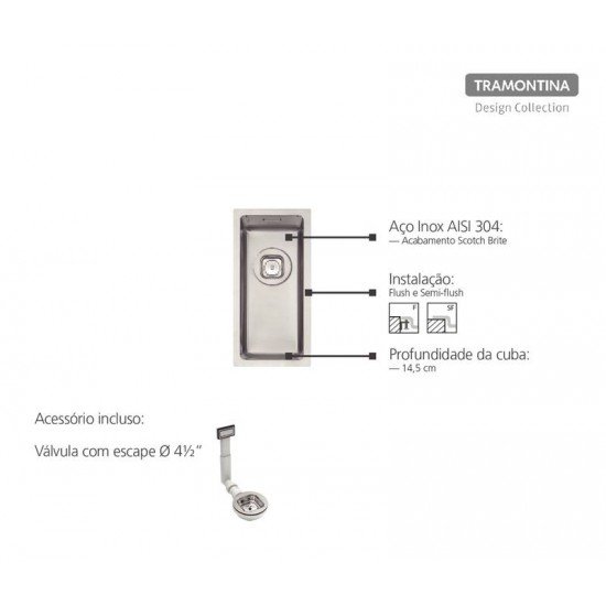 CUBA DESIGN COLLECTION QUADRUM EM AÇO INOX COM ACABAMENTO SCOTCH BRITE 17X40 CM TRAMONTINA