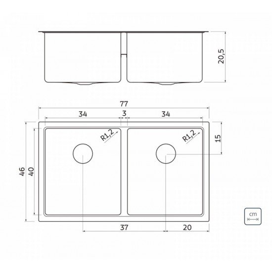 CUBA DESIGN COLLECTION QUADRUM EM AÇO INOX COM ACABAMENTO SCOTCH BRITE 77X46 COM 2 CUBAS TRAMONTINA