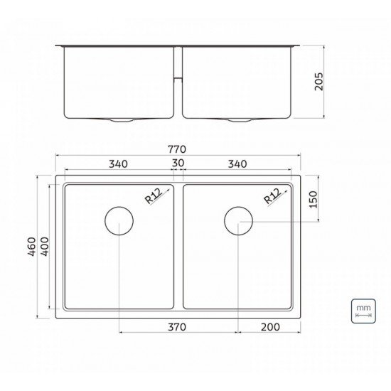 CUBA DESIGN COLLECTION QUADRUM EM AÇO INOX COM ACABAMENTO SCOTCH BRITE 77X46 COM 2 CUBAS TRAMONTINA