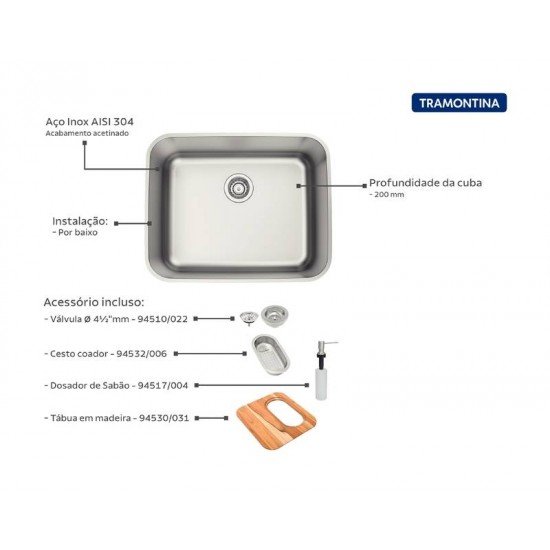 CUBA TRAMONTINA DORA 50 EM AÇO INOX COM TÁBUA DE MADEIRA CESTO COADOR E DOSADOR DE SABÃO