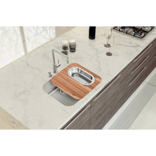 CUBA TRAMONTINA DORA 50 EM AÇO INOX COM TÁBUA DE MADEIRA CESTO COADOR E DOSADOR DE SABÃO