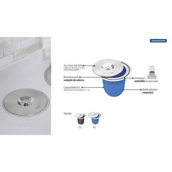 LIXEIRA DE EMBUTIR TRAMONTINA EM ACO INOX COM BALDE PLASTICO 8 LITROS TRAMONTINA