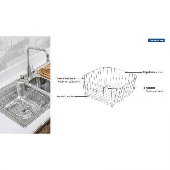 CESTA AUXILIAR TRAMONTINA QUADRADA EM ARAME CROMADO PARA CUBAS E PIAS 31,5X30,8CM