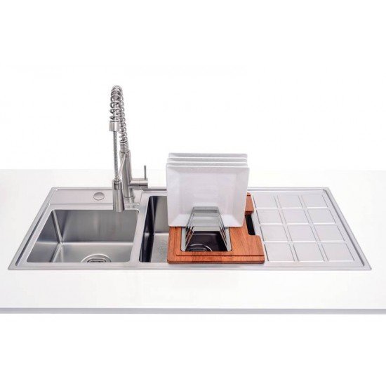 KIT PARA PIA DESIGN COLLECTION ACESSORIOS EM AÇO INOX COM ACABAMENTO SCOTCH BRITE E TABUA EM MADEIRA