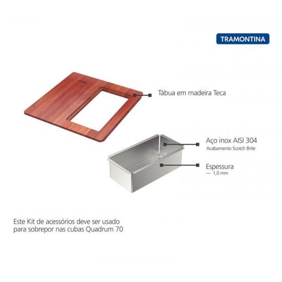 KIT PARA CUBAS QUADRUM DESIGN COLLECTION TABUA EM MADEIRA 42X40 CESTO COADOR EM AÇO INOX TRAMONTINA