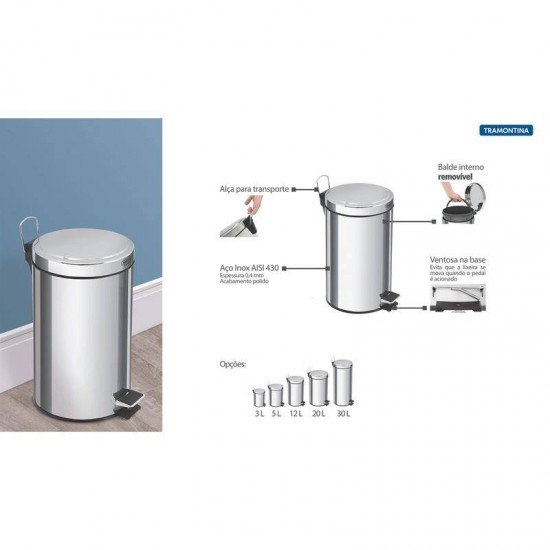 LIXEIRA INOX COM PEDAL TRAMONTINA COM ACABAMENTO POLIDO E BALDE INTERNO REMOVIVEL 20L BRASIL