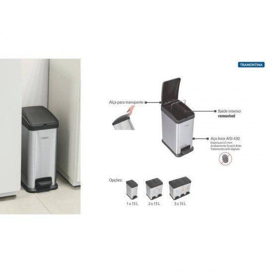 LIXEIRA RETANGULAR PEDAL TRAMONTINA EM ACO INOX ACABAMENTO SCOTCH BRITE BALDE INTERNO REMOVIVEL 15L