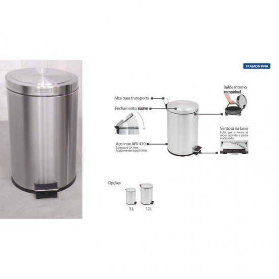 LIXEIRA INOX COM PEDAL TRAMONTINA ACABAMENTO SCOTCH BRITE E BALDE INTERNO REMOVIVEL 5 L BRASIL PLUS