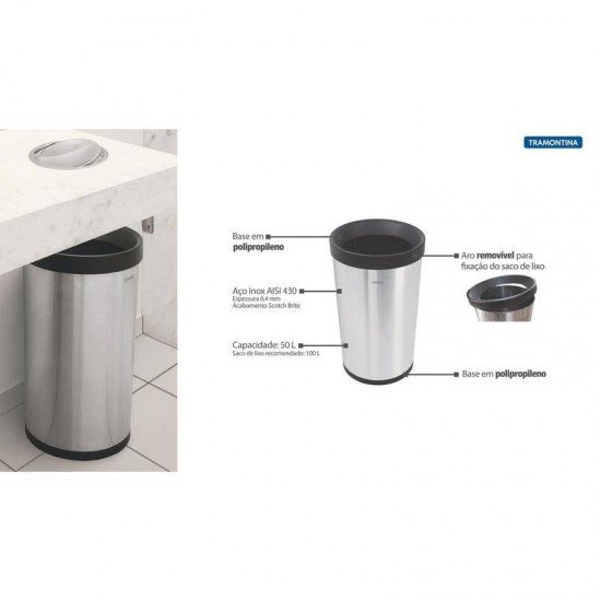 LIXEIRA INOX TRAMONTINA SEM TAMPA COM ACABAMENTO SCOTCH BRITE BASE E ARO EM POLIPROPILENO 50L KONIKA
