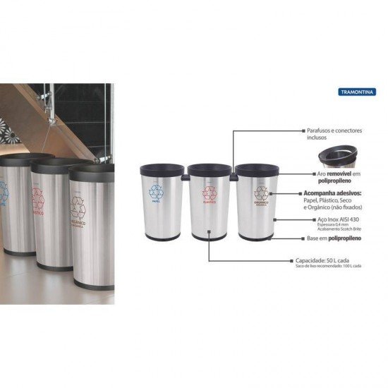 CONJUNTO DE LIXEIRAS COLETA SELETIVA TRAMONTINA EM ACO INOX SCOTCH BRITE 3X50L KONIKA SELETA