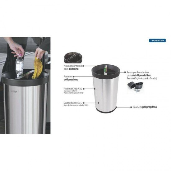 LIXEIRA INOX TRAMONTINA DIVISORIA ACABAMENTO SCOTCH BRITE ARO E BASE EM POLIPROPILENO 2X25L KONIKA