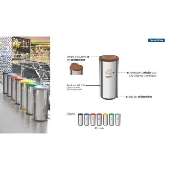 LIXEIRA INOX TRAMONTINA COM ACABAMENTO POLIDO ETAMPA BASCULANTE MARROM EM POLIPROPILENO 40 L