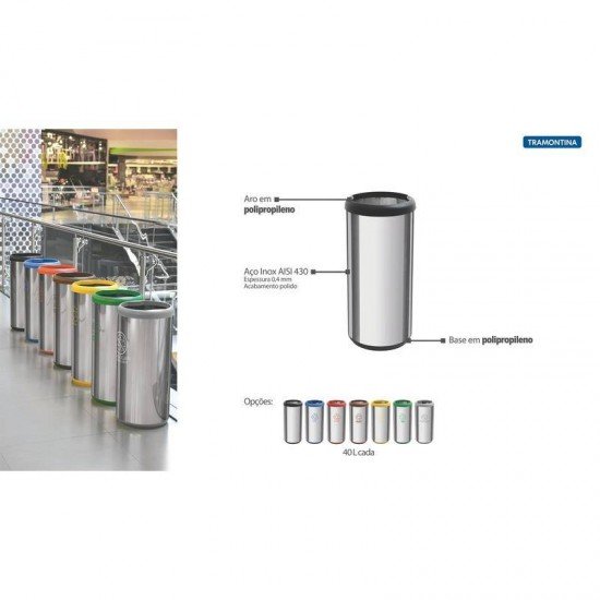 LIXEIRA INOX TRAMONTINA COM ACABAMENTO POLIDO, ARO E BASE PRETA EM POLIPROPILENO 40L