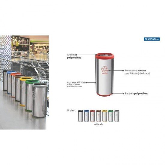 LIXEIRA INOX TRAMONTINA COM ACABAMENTO POLIDO, ARO E BASE VERMELHO EM POLIPROPILENO 40L