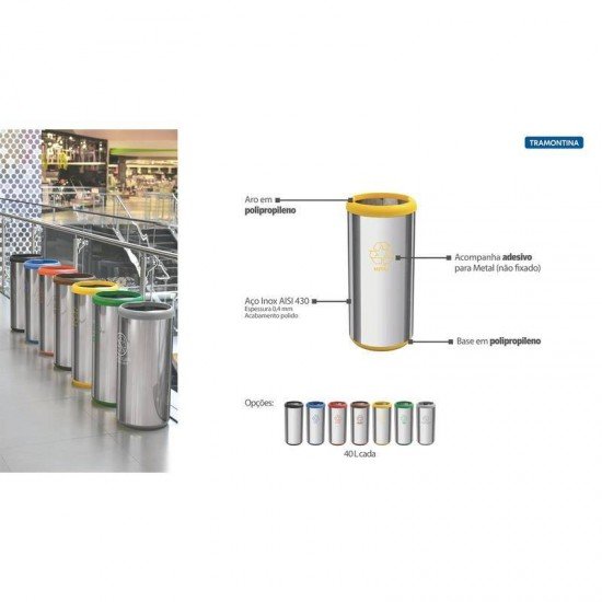 LIXEIRA INOX TRAMONTINA COM ACABAMENTO POLIDO, ARO E BASE AMARELO EM POLIPROPILENO 40L