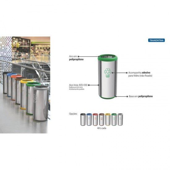 LIXEIRA INOX TRAMONTINA COM ACABAMENTO POLIDO, ARO E BASE VERDE EM POLIPROPILENO 40L