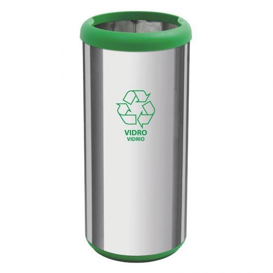 LIXEIRA INOX TRAMONTINA COM ACABAMENTO POLIDO, ARO E BASE VERDE EM POLIPROPILENO 40L