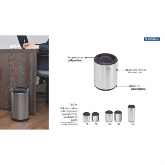 LIXEIRA INOX TRAMONTINA COM ACABAMENTO SCOTCH BRITE E TAMPA INTELIGENTE EM POLIPROPILENO 15L