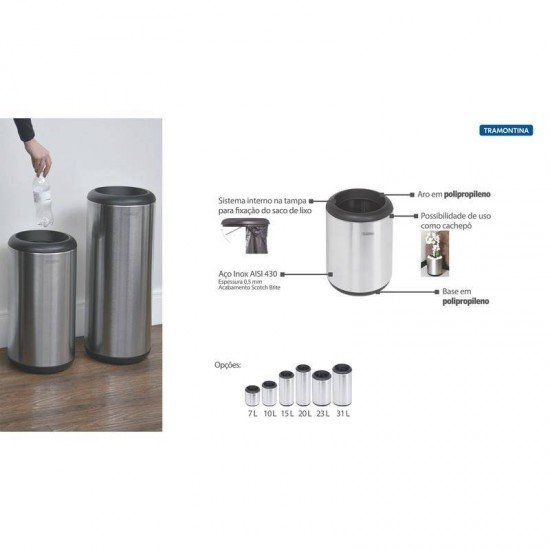 LIXEIRA INOX TRAMONTINA COM ACABAMENTO SCOTCH BRITE ARO E BASE EM POLIPROPILENO 31L