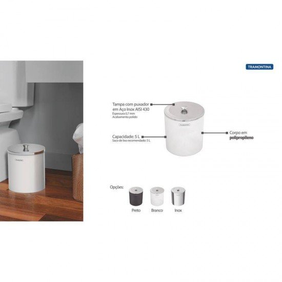 LIXEIRA TRAMONTINA COM TAMPA EM ACO INOX COM ACABAMENTO POLIDO E CORPO EM POLIPROPILENO BRANCO 5L