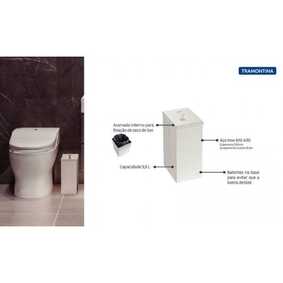 LIXEIRA INOX LUZ SLIM TRAMONTINA COM ACABAMENTO SCOTCH BRITE 5,5 L