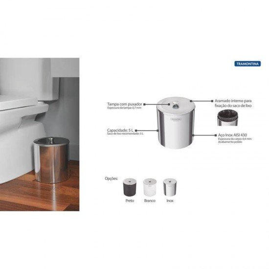 LIXEIRA INOX TRAMONTINA ÚTIL COM ACABAMENTO SCOTCH BRITE 5 L