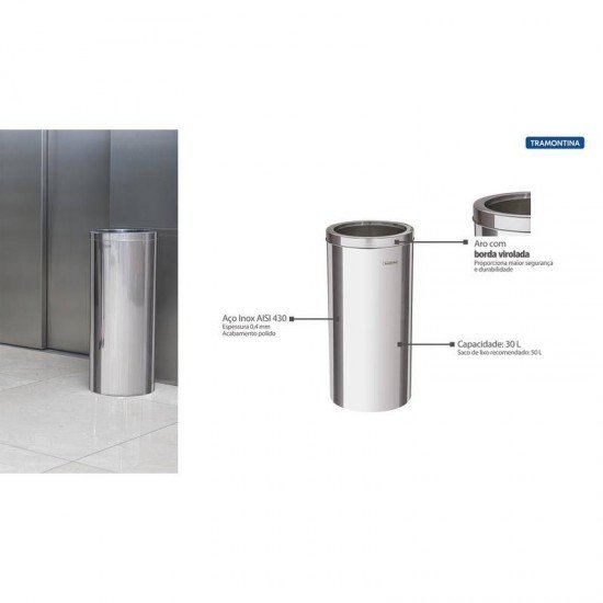 LIXEIRA INOX TRAMONTINA COM ACABAMENTO POLIDO 30L