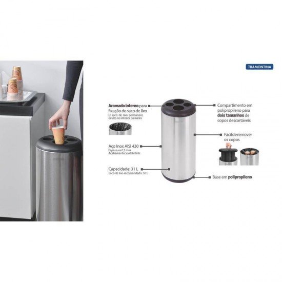 LIXEIRA INOX TRAMONTINA PORTA COPOS COM ACABAMENTO SCOTCH BRITE BASE E ARO EM POLIPROPILENO 31L