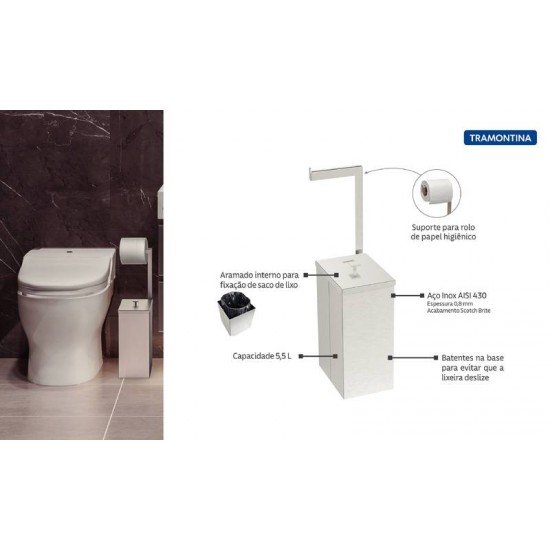 LIXEIRA TRAMONTINA LUZ SLIM EM AÇO INOX 5,5 L COM SUPORTE PARA PAPEL HIGIÊNICO