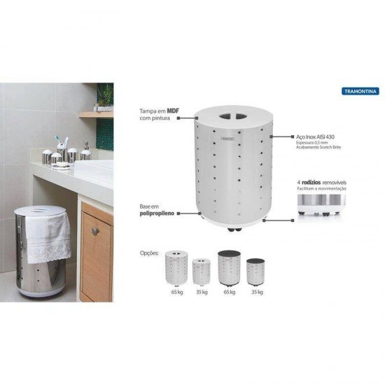 CESTO DE ROUPA BELLA TRAMONTINA ACO INOX ACABAMENTO SCOTCH BRITE RODIZIO E TAMPA BRANCA EM MDF 65KG