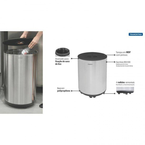 LIXEIRA INOX TRAMONTINA COM ACABAMENTO SCOTCH BRITE RODIZIO E TAMPA EM MDF 65L