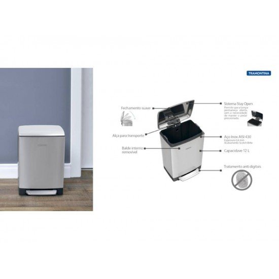 LIXEIRA INOX COM PEDAL D SLIM 12L TRAMONTINA