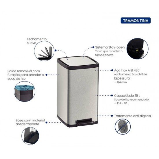 LIXEIRA TRAMONTINA OCTOS EM AÇO INOX COM BALDE REMOVÍVEL E PEDAL 15 L