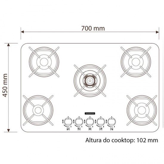 FOGAO COOKTOP TRAMONTINA BRASIL VIDRO 5 BOCAS TRIPLA CHAMA 5GG - 70