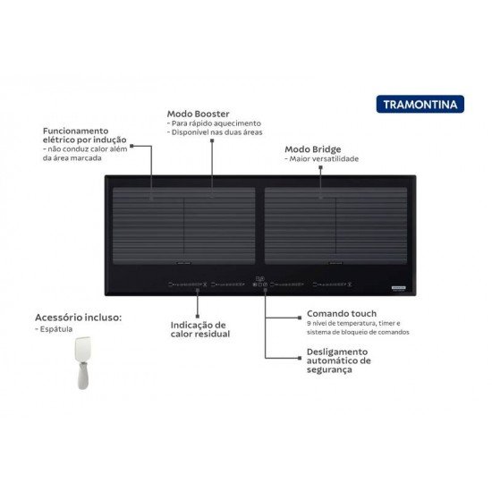 COOKTOP POR INDUÇÃO TRAMONTINA SLIM SLIDER BRIDGE 4EI 90 EM VIDRO PRETO