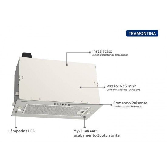COIFA DE EMBUTIR INCASSO 51 EM AÇO INOX COM ACABAMENTO SCOTCH BRITE 51 CM TRAMONTINA