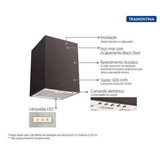 COIFA DE ILHA TRAMONTINA SQUARE ISLA 40 SILENT EM AÇO INOX BLACK STEEL E TRATAMENTO ANTI DIGITAIS 40 CM 220V