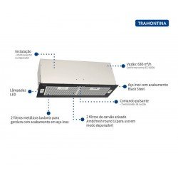 COIFA DE EMBUTIR TRAMONTINA INCASSO EM AÇO INOX BLACK STEEL RETANGULAR COM REVESTIMENTO ANTI DIGITAIS 75 CM 220 V